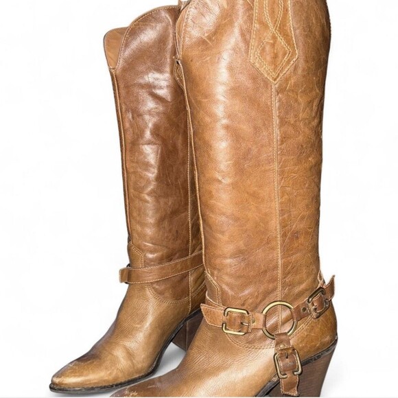 Vintage Cowboy Boots Distressed Brown Leather Buckles Knee High Heel Woman's  10 - Picture 1 of 8